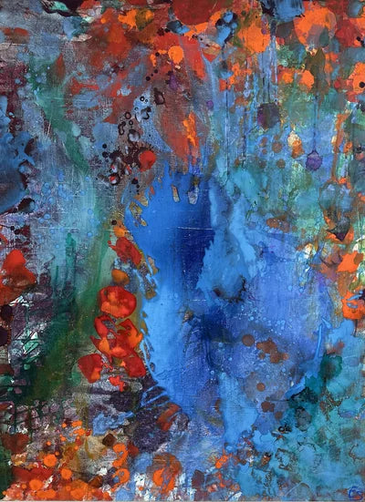 Fine art print of an abstract acrylic in blue, red and orange by Else Streifer-Schröck